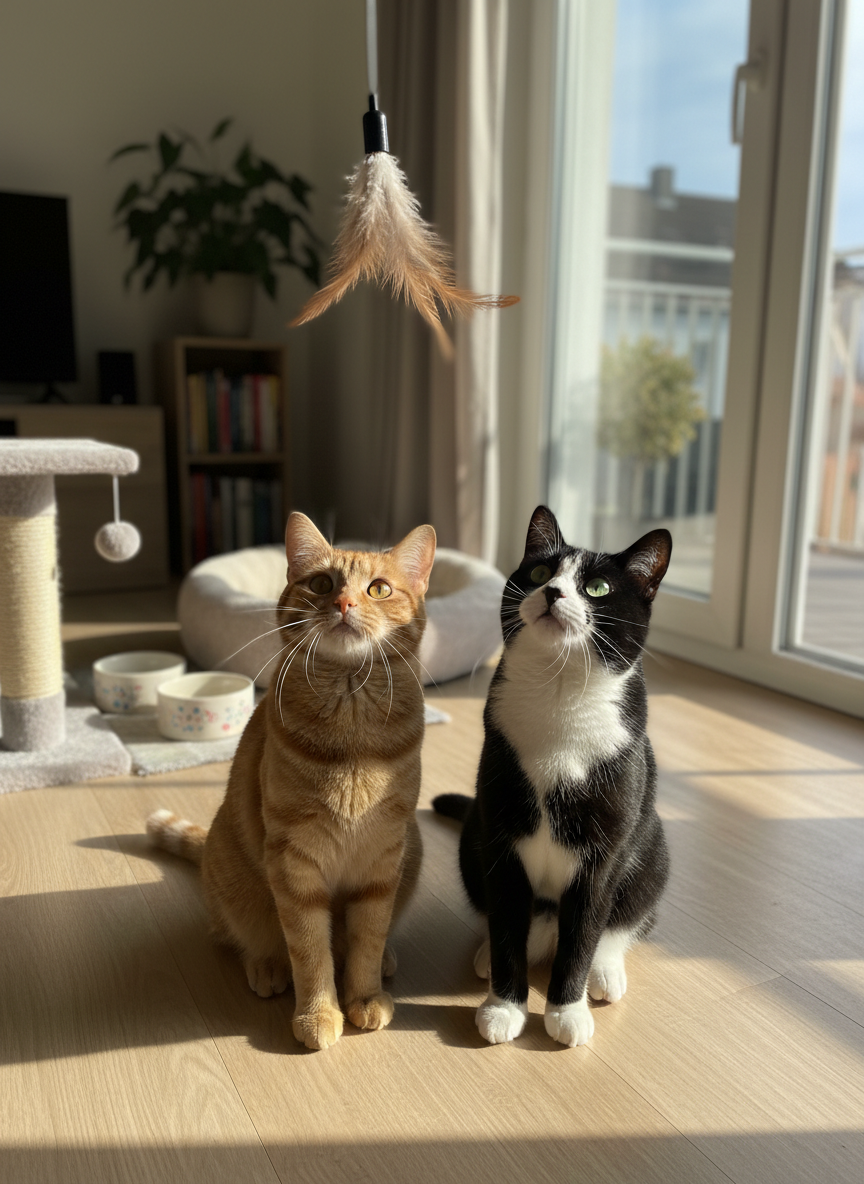 Two domestic cats, one ginger short-hair and one black-and-white tuxedo, sit side by side in a sunlit Gotha apartment, attentively watching a feather toy suspended in mid-air. Their whiskers and fur textures are captured in crisp detail, with playful curiosity in their eyes. A tidy scratching post, cozy cat bed, and neatly arranged food station are visible around them, suggesting a well-organized pet environment. Warm afternoon light enters through a balcony door, casting soft, elongated shadows on a light wooden floor. The composition follows the rule of thirds with a gentle bokeh background, photographic realism, conveying a professional yet warm atmosphere of dedicated playtime and interaction during cat sitting visits.
