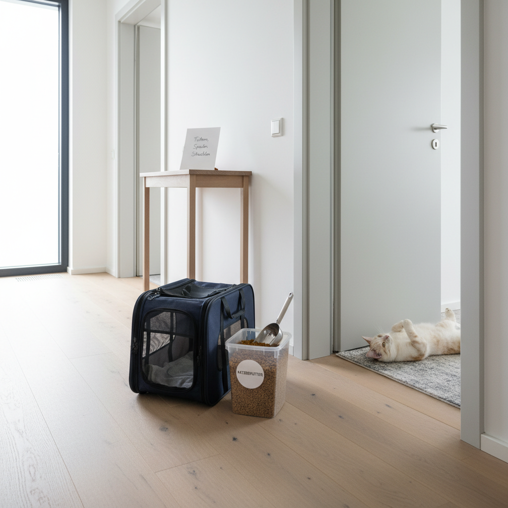 A spacious, bright hallway of a residential home in Gotha with an open door revealing a relaxed tabby cat rolling on its back near a neatly placed travel carrier. Next to the carrier stands a labeled container of cat food, a stainless-steel scoop, and a folded checklist on a small console table reading "Füttern, Spielen, Streicheln" in clear German handwriting. Soft, diffused daylight from a side window lights the scene evenly, creating a clean, organized impression. The camera is positioned at a slightly elevated angle, capturing the entire vignette in sharp focus. Photographic realism with a clean, modern aesthetic, evoking reliability, structure, and professional preparation for in-home pet care visits.